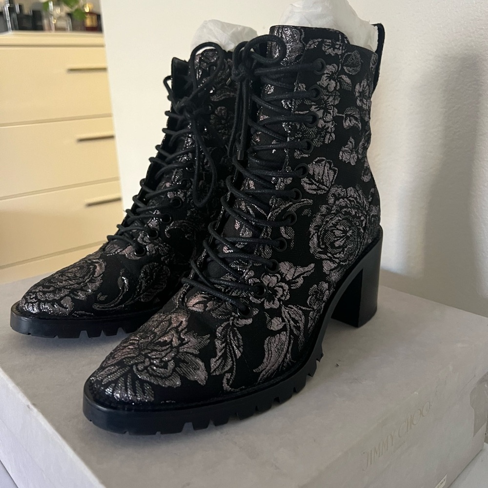 JIMMY CHOO BOOTS BLACK/STEEL. BROCADE FABRIC US SIZE 38